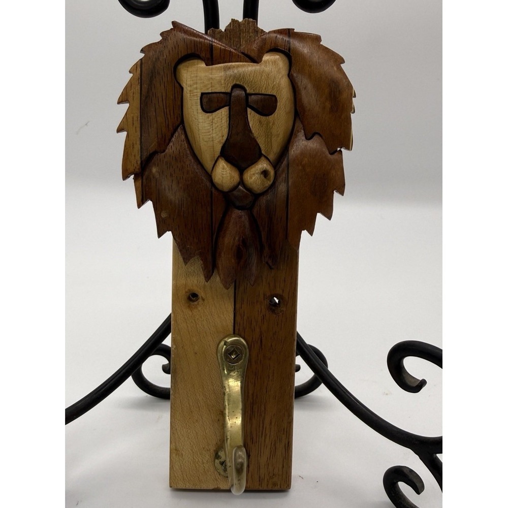 Hand Carved Wooden Lion Wall Hook Key Holder Brass Coat Hook Folk Art 8.5"